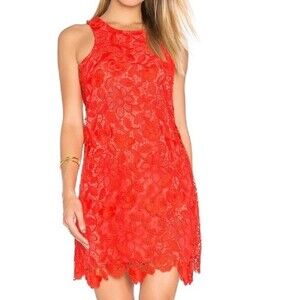 LOVERS + FRIENDS MEDIUM CASPIAN RED SHIFT DRESS EMBROIDERY LACE HIGH NECK